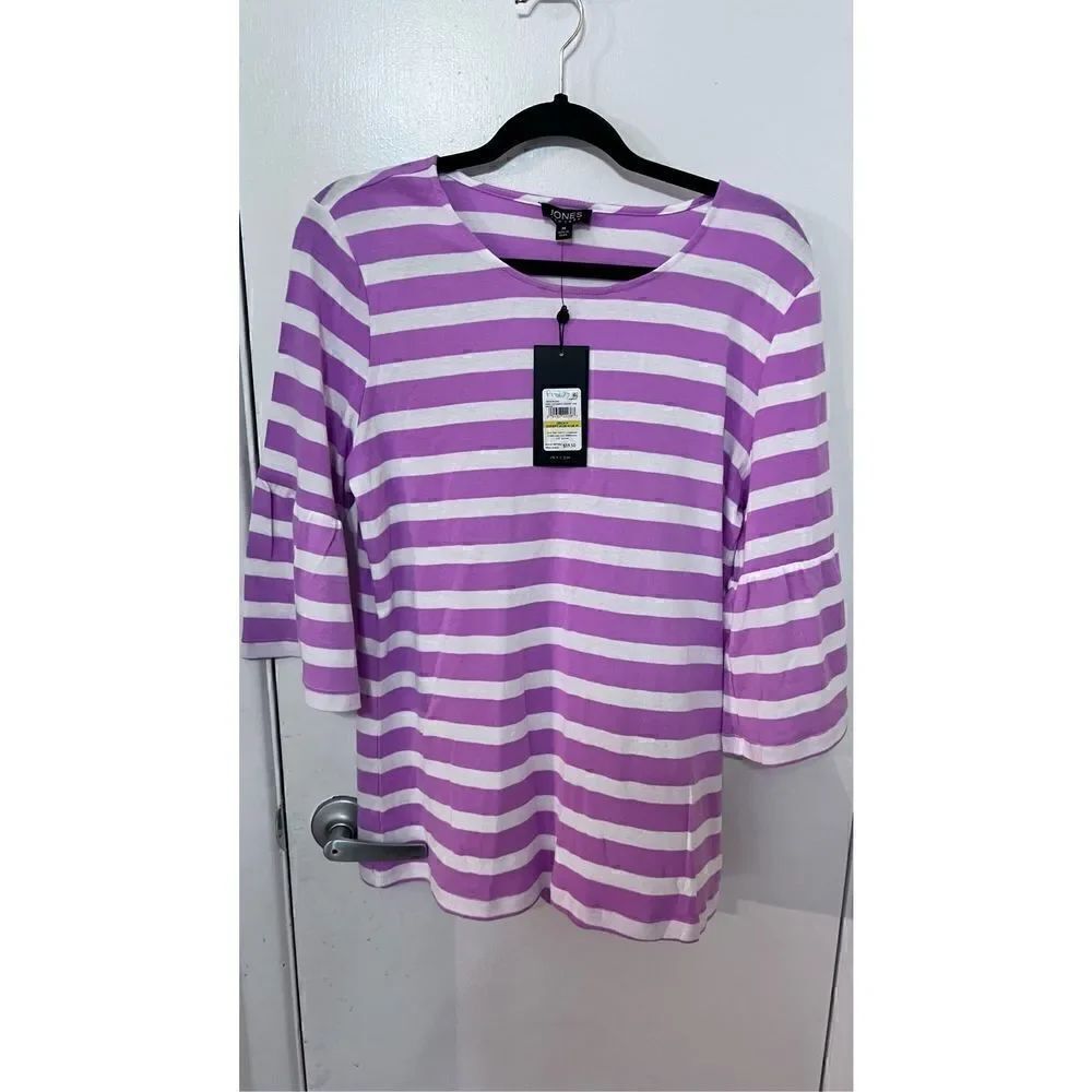 JONES NEW YORK PINK LOTUS STRIPE BLOUSE BELL SLEEVES SZ M P1-277